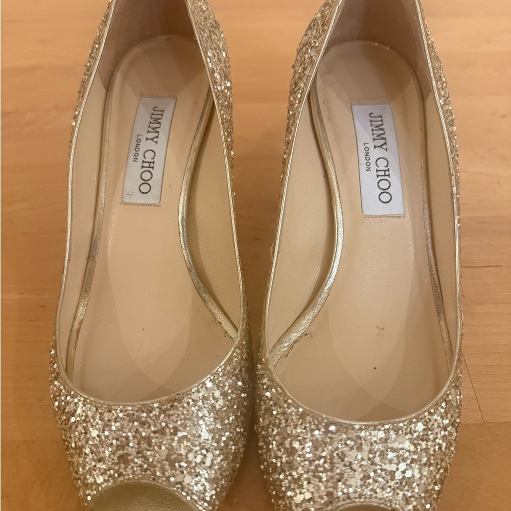 Authentic Jimmy Choo Gold Glitter Peep Toe